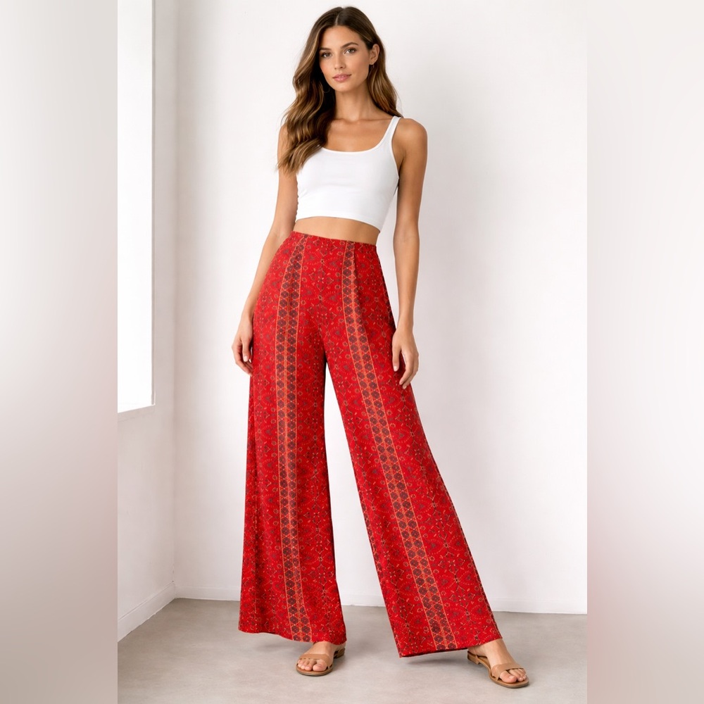 Sadie & Sage Red boho hippie Patterned Wide Leg Pants